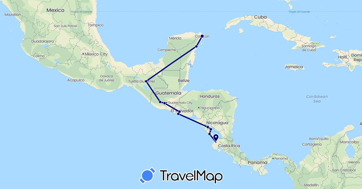 TravelMap itinerary: driving in Costa Rica, Guatemala, Mexico, Nicaragua, El Salvador (North America)